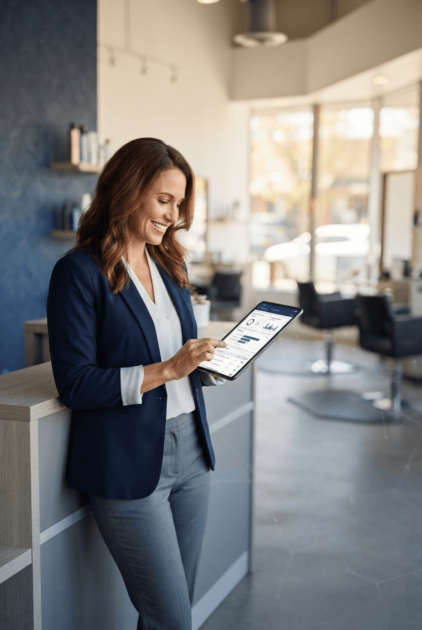 Small business owner reviewing her AI dashboard on a tablet