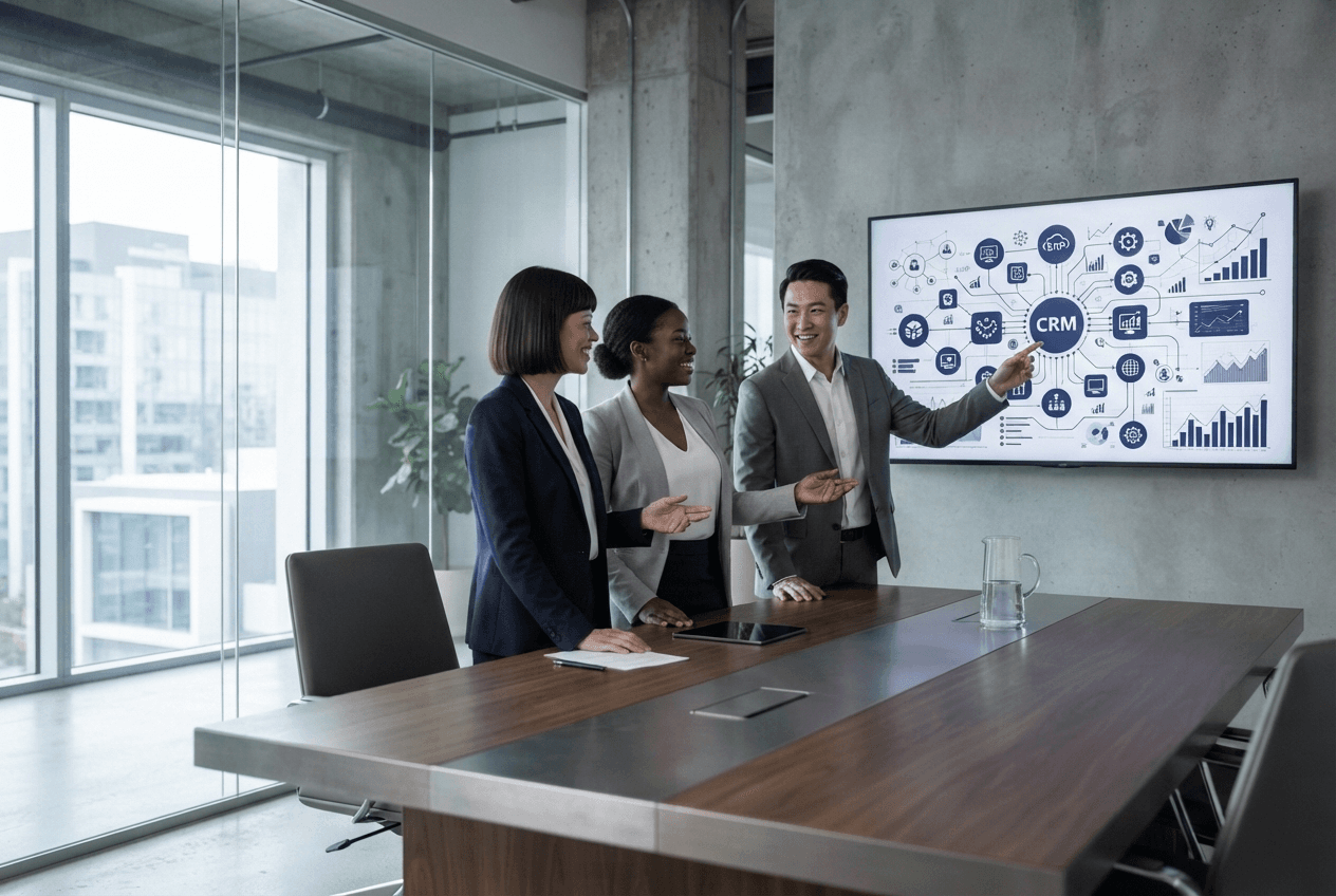 Enterprise team reviewing a CRM integration on a boardroom display